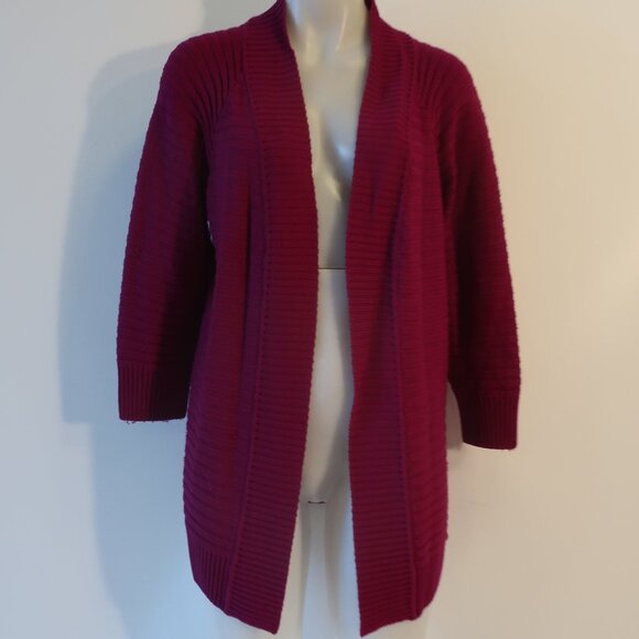 Women St. John Magenta Ribbed Wool Open Cardigan Sweater L * - Picture 1 of 16